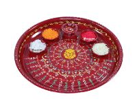 Picture of GoldGiftIdeas Metal Prathmesh Ganesha Hand Painted Pooja Aarti Thali (Red)