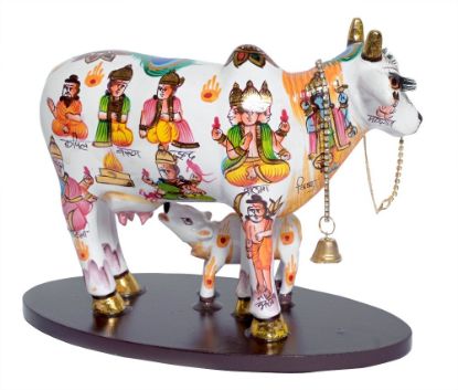 Picture of Kamdhenu Cow With Calf statue for home and office decoration I  marble Decorative Showpiece - 16 cm (Wood Multicolor)