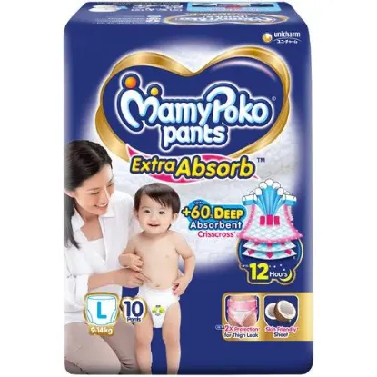 Picture of MamyPoko Pants Extra Absorb Baby Diapers (L) 10 Count ( 9-14 kg)